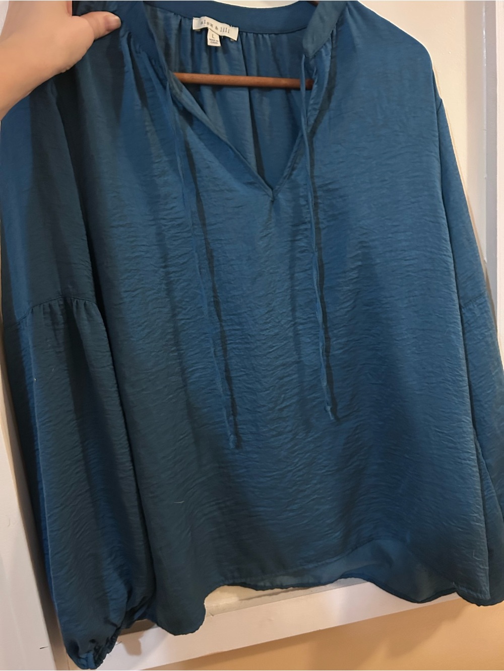 Alex & Lili Women’s L Teal Blue Crinkle Tunic Blouse Long Sleeve V Neck Boho